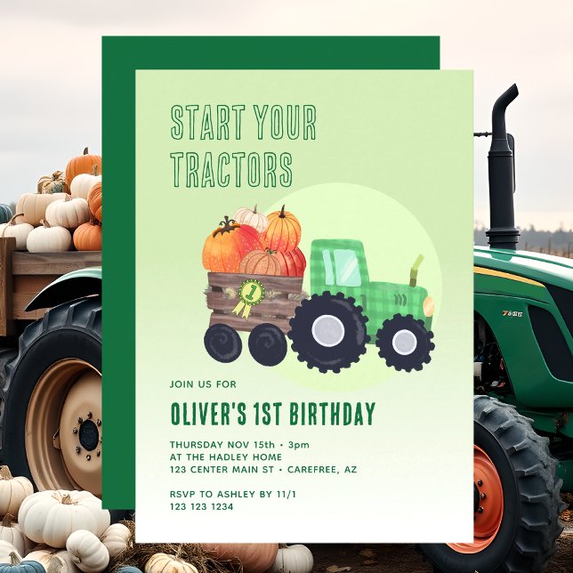 Fall Pumpkin Tractor Boy 1st Birthday Invitation (Creator Uploaded)