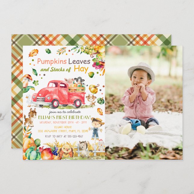 Fall Pumpkin Truck Photo Birthday Invitation (Front/Back)