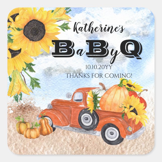 Fall Pumpkin Truck | Sunflowers Baby BBQ Shower Sq Square Sticker (Front)