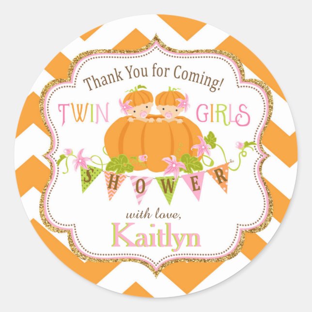 Fall Pumpkin Twin Girls Gold Glitter Baby Shower Classic Round Sticker (Front)
