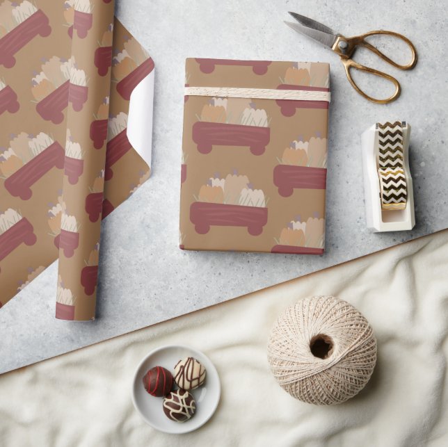 Fall Pumpkin Wagon Brown Boho Wrapping Paper (Crafts)