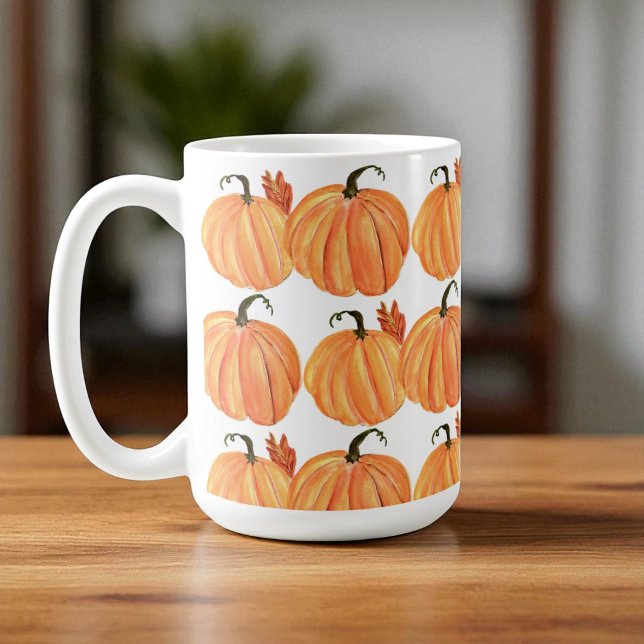Fall Pumpkin Watercolor Autumn Leaves Pattern Coffee Mug (Creator Uploaded)