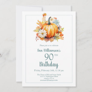 Fall Pumpkin Watercolor Floral 90th Birthday Invitation