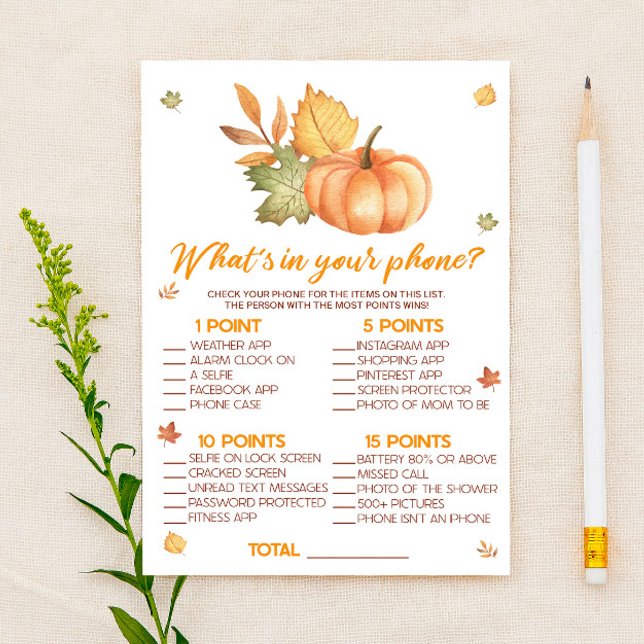 Fall Pumpkin What's In Your Phone Baby Shower Game Stationery (Creator Uploaded)