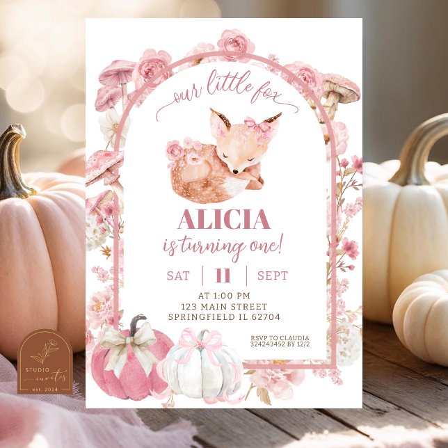 Fall Pumpkin White and Pink Fox Girl Birthday Invitation (Creator Uploaded)