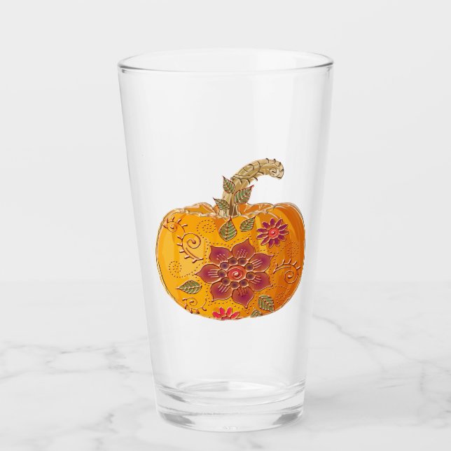 Fall Pumpkin With Flowers Glass (Front)