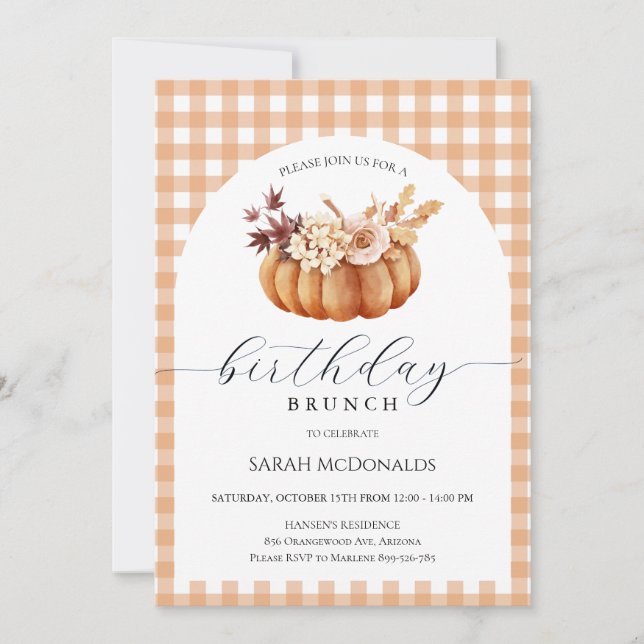 Fall Pumpkin Woman Birthday Brunch Plaid Invitation (Front)