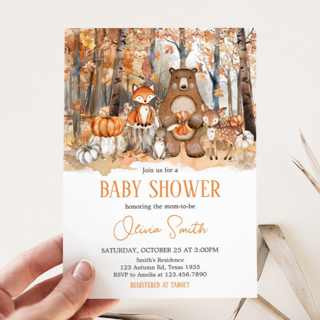 Fall Pumpkin Woodland Animals Baby Shower Invitation (Fall Autumn Pumpkin Woodland Animals Baby Shower Invitation)