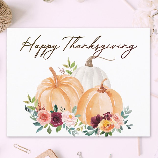 Fall Pumpkins and Boho Flowers Postcard (Close up)