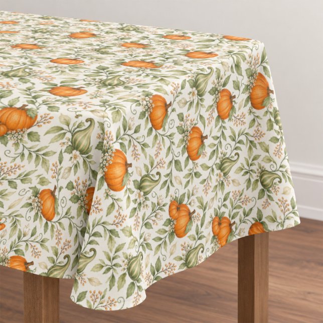 Fall Pumpkins and Gourds Pattern  Tablecloth (Watercolor pumpkins, gourds, and greenery bring elegant autumn charm to your table.)