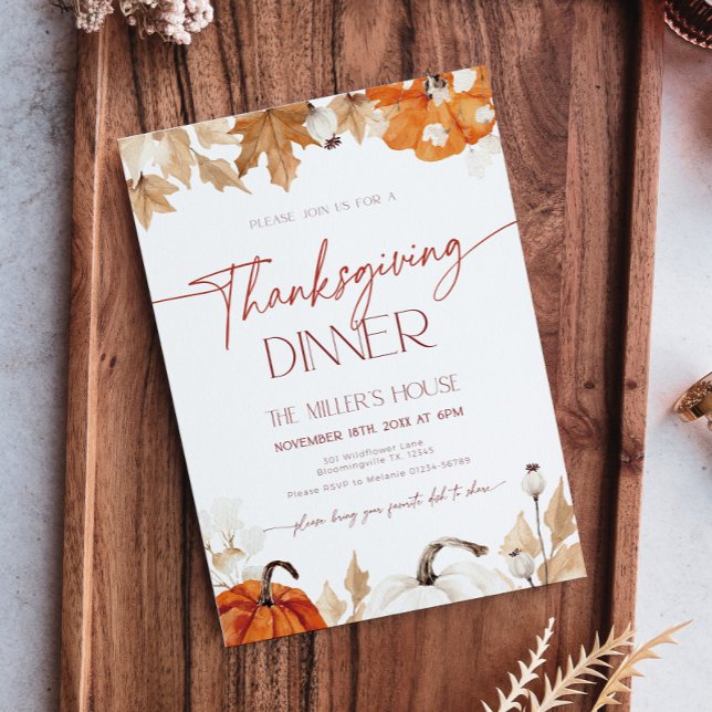 Fall Pumpkins and Leaves Thanksgiving Dinner  Invitation (Thanksgiving invitation with fall leaves and pumpkins)