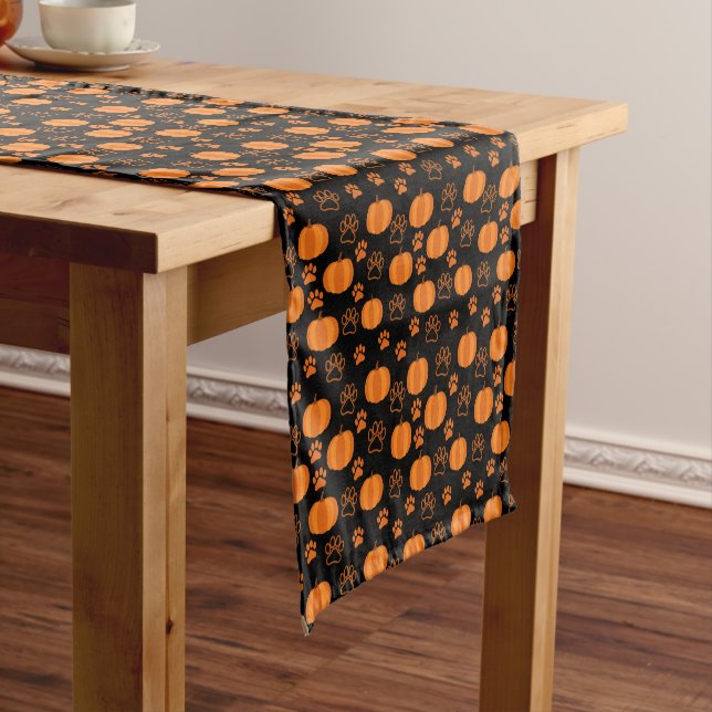 Fall Pumpkins and Paws Dog Halloween Orange Black Short Table Runner (In Situ)
