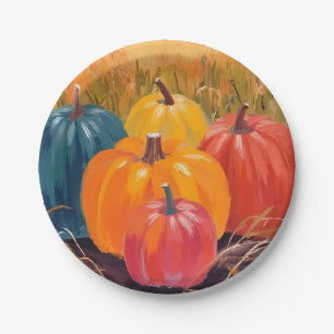Fall Pumpkins Autumn Landscape Watercolor Art Paper Plate