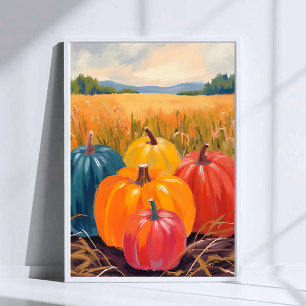 Fall Pumpkins Autumn Landscape Watercolor Art Poster