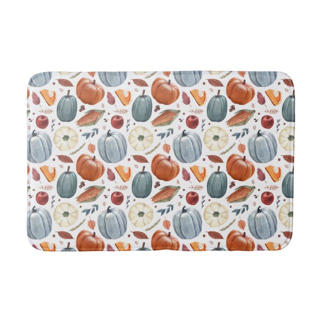 Fall Pumpkins & Autumn Leaves Pattern Bath Mat (Front)