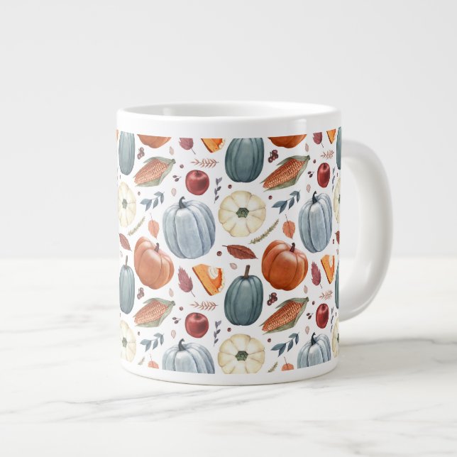 Fall Pumpkins & Autumn Leaves Pattern Large Coffee Mug (Front Right)