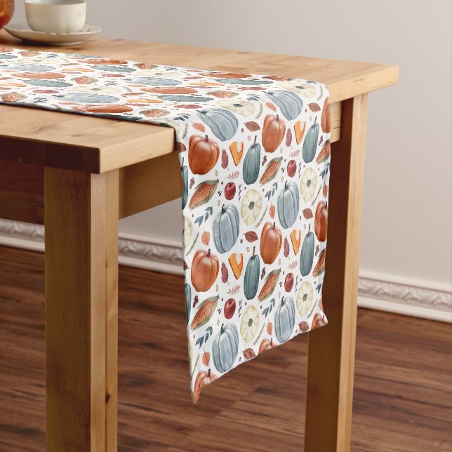 Fall Pumpkins & Autumn Leaves Pattern Short Table Runner (In Situ)