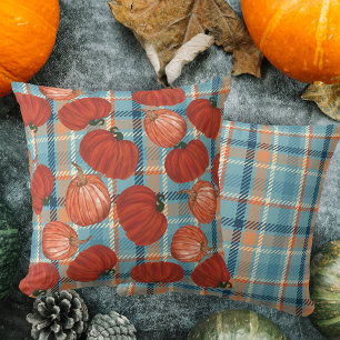Fall pumpkins blue and orange plaid pattern cushion