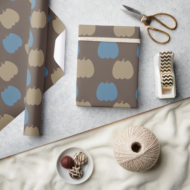 Fall Pumpkins Blue Beige Boho Wrapping Paper (Crafts)