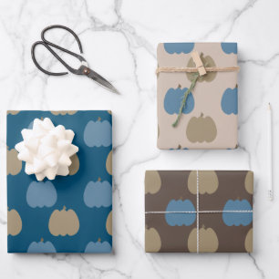 Fall Pumpkins Blue Beige Boho  Wrapping Paper Sheet