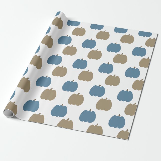 Fall Pumpkins Blue Beige Wrapping Paper (Unrolled)
