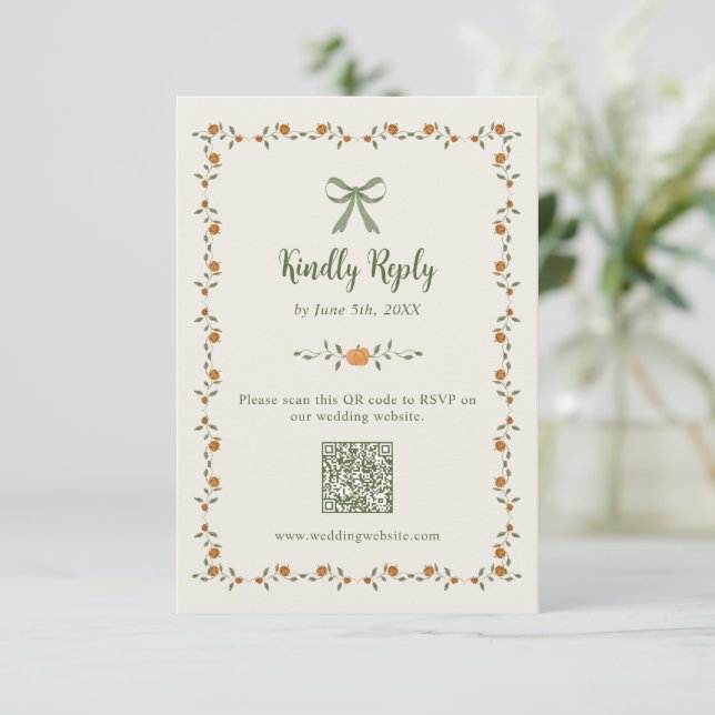 Fall Pumpkins Bow QR Code RSVP Card (Standing Front)