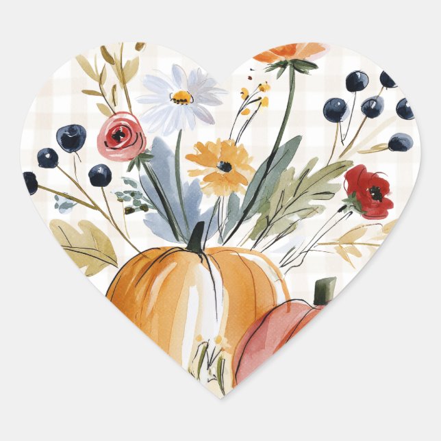 Fall Pumpkins Bridal Shower Floral Watercolor  Heart Sticker (Front)
