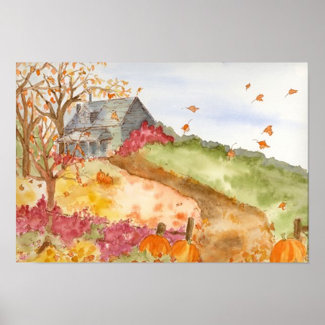 Fall Pumpkins Country Home Watercolor Landscape Poster (Front)