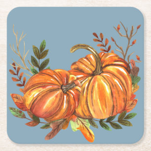 Fall Pumpkins Dusty Blue Square Paper Coaster