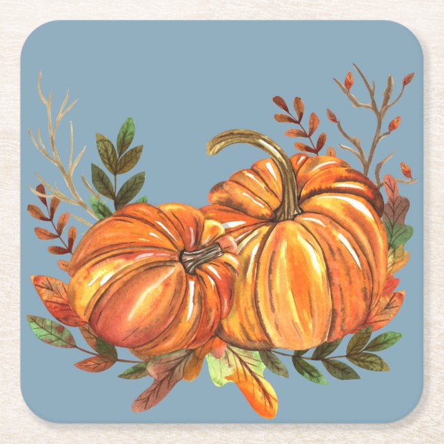 Fall Pumpkins Dusty Blue Square Paper Coaster (Front)