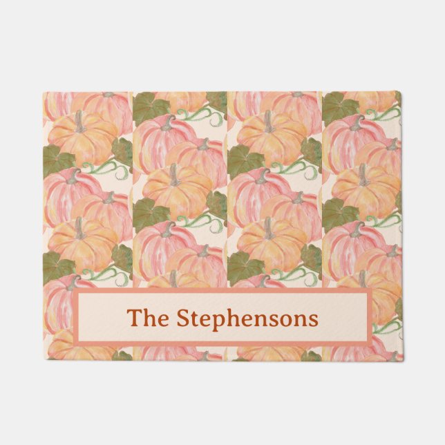 Fall pumpkins family last name custom welcome doormat (Front)
