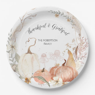 Fall Pumpkins Floral Watercolor Thankful Grateful Paper Plate