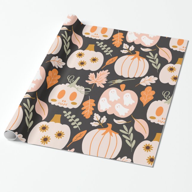 Fall Pumpkins Ghost Skeleton Wrapping Paper  (Unrolled)