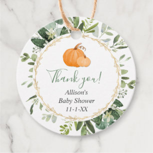 Fall pumpkins greenery gold baby shower favour tag