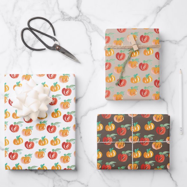 Fall Pumpkins Hand Painted Orange Green Wrapping Paper Sheet (Front)