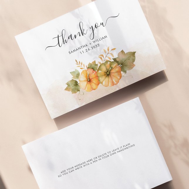 Fall Pumpkins Leaves Budget Wedding  Thank You Card (Fall Wedding Thank You Card Front and Back View)