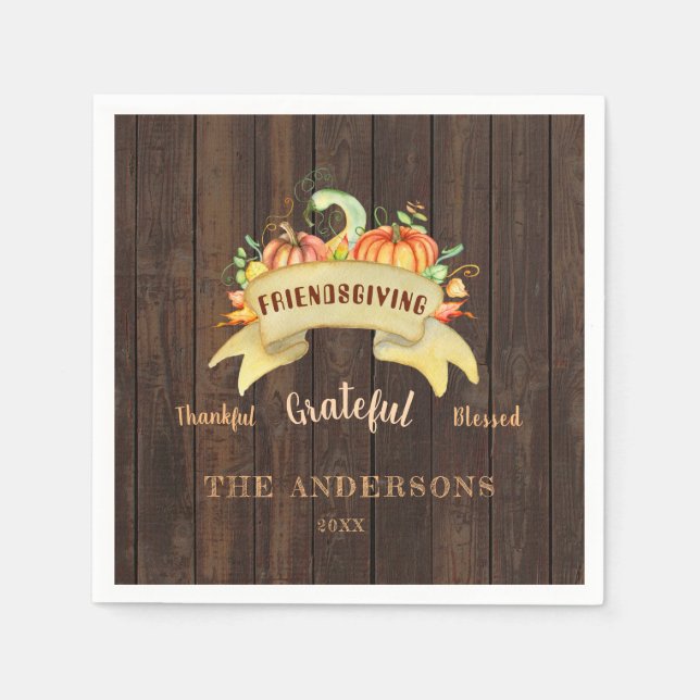 Fall Pumpkins Leaves Wood Happy Thanksgiving Napkin (Front)