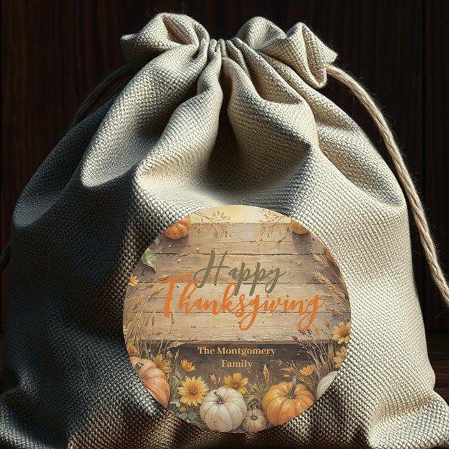 Fall Pumpkins on Rustic Wood Thanksgiving Classic Round Sticker (Creator Uploaded)