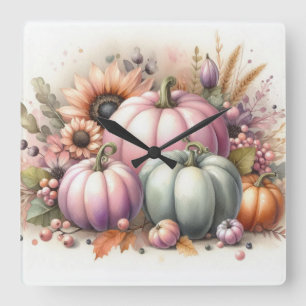 Fall pumpkins pastel colours watercolor painting square wall clock