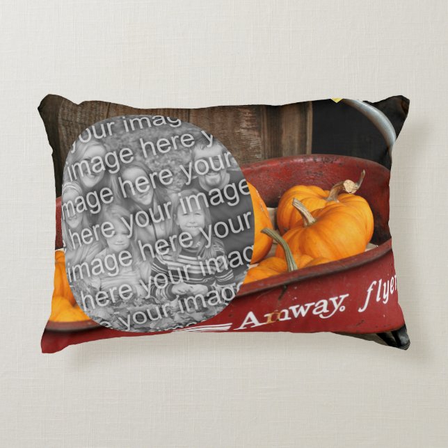 Fall Pumpkins Red Wagon Add Your Photo Decorative Cushion (Front)
