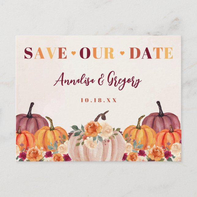 Fall Pumpkins Save Our Date Announcement Postcard (Front)