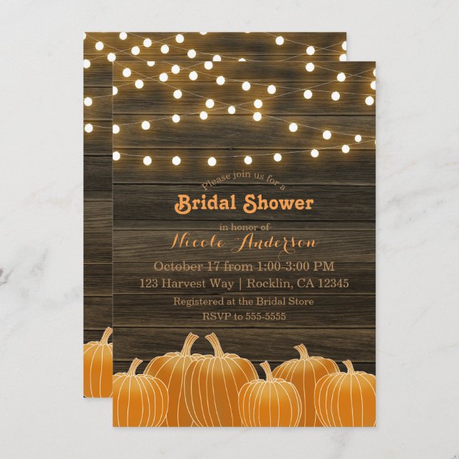 Fall Pumpkins & String Lights Rustic Bridal Shower Invitation (Front/Back)