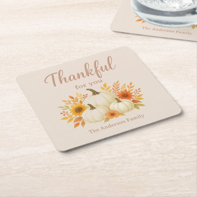 Fall Pumpkins & Sunflowers | Elegant Thanksgiving Square Paper Coaster (Angled)