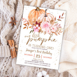 Fall Pumpkins Watercolor Boho Girl 1st Birthday Invitation