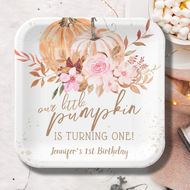 Fall Pumpkins Watercolor Boho Girl 1st Birthday Paper Plate (Creator Uploaded)