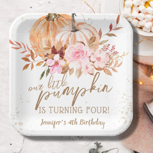 Fall Pumpkins Watercolor Boho Girl 4th Birthday Paper Plate