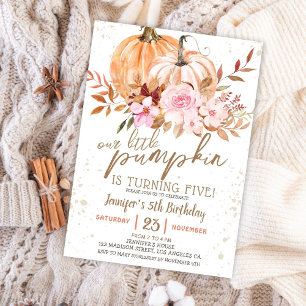 Fall Pumpkins Watercolor Boho Girl 5th Birthday Invitation