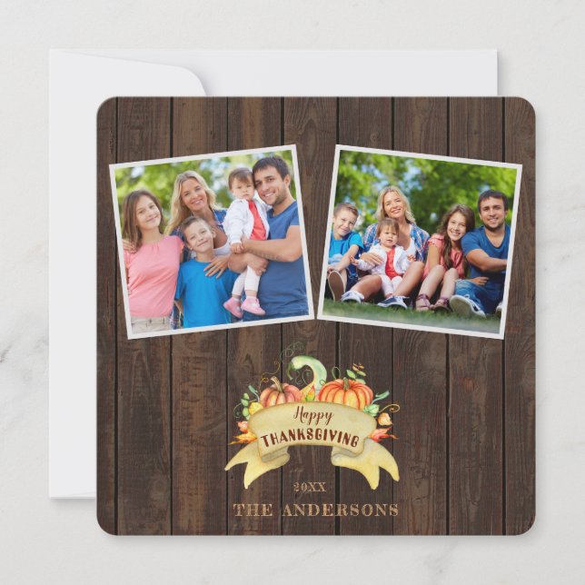 Fall Pumpkins Wooden Photo Happy Thanksgiving Invitation (Front)