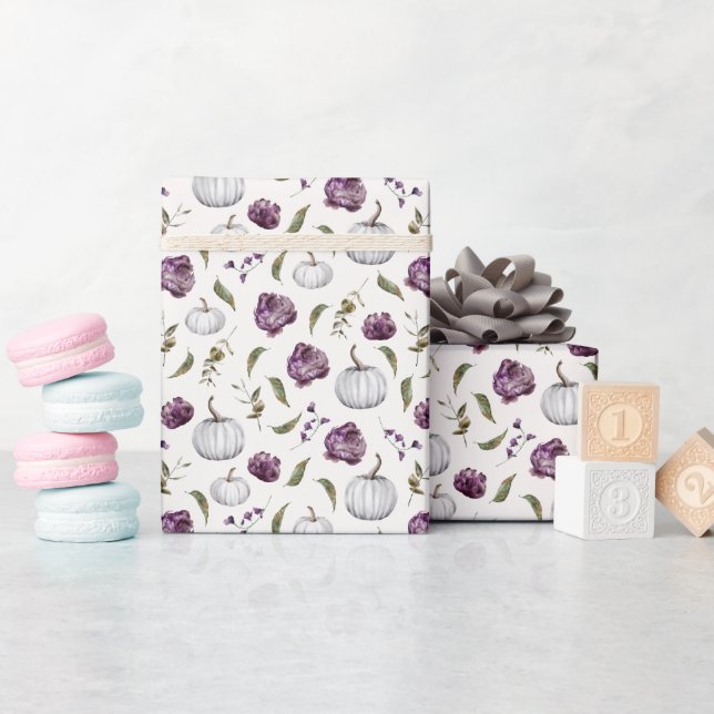 Fall Purple Floral Pumpkin Pattern Wrapping Paper (Baby Shower)