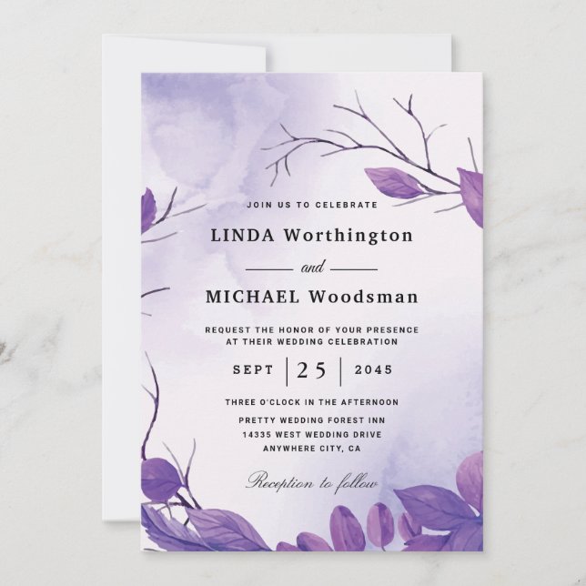 Fall purple leaves wedding invitations (Front)